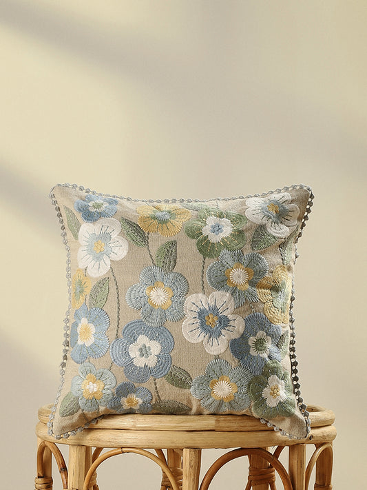 Westside Home Aqua Floral Embroidered Cushion Cover