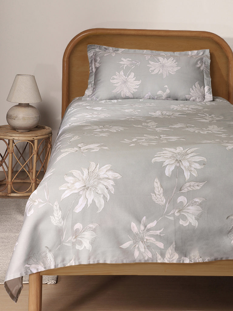 Westside Home Grey Tonal Flower Single Bed Flat sheet and Pillowcase Set