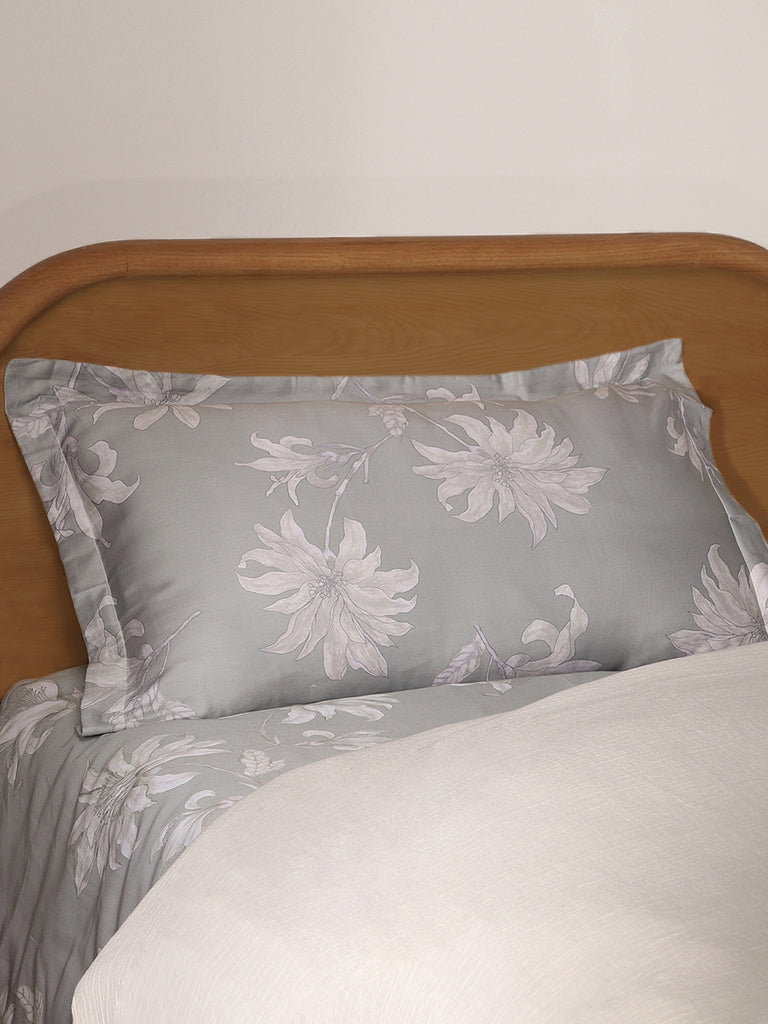 Westside Home Grey Tonal Flower Single Bed Flat sheet and Pillowcase Set