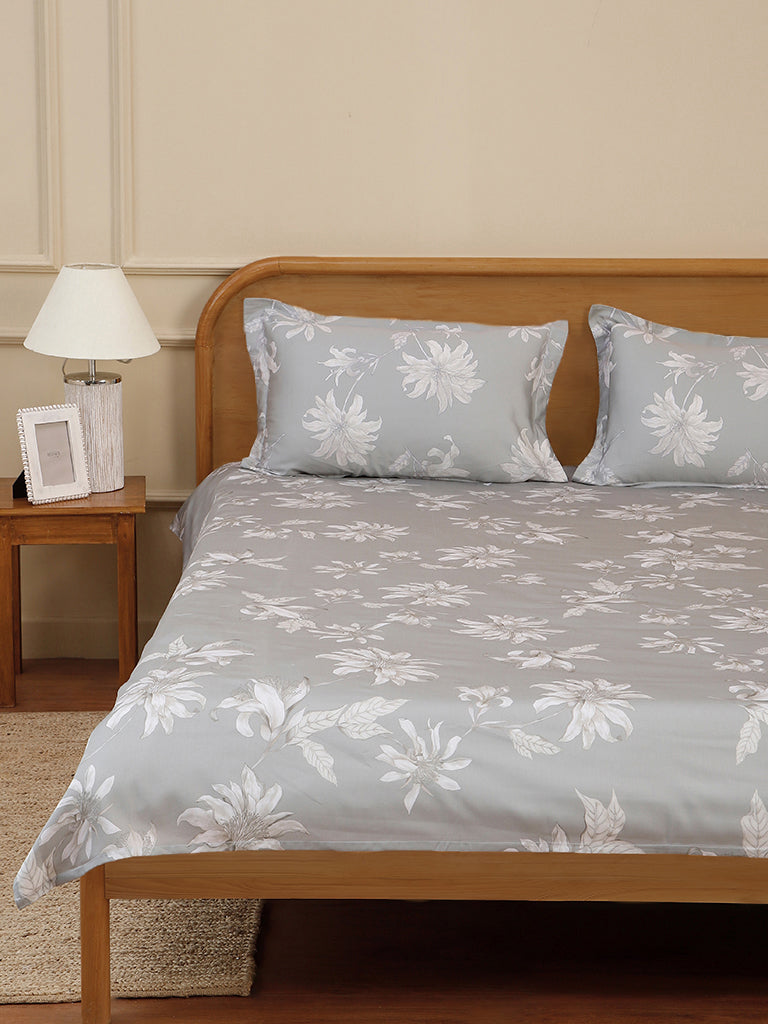 Westside Home Grey Tonal Flower Printed Double Bed Flat sheet and Pillowcase Set