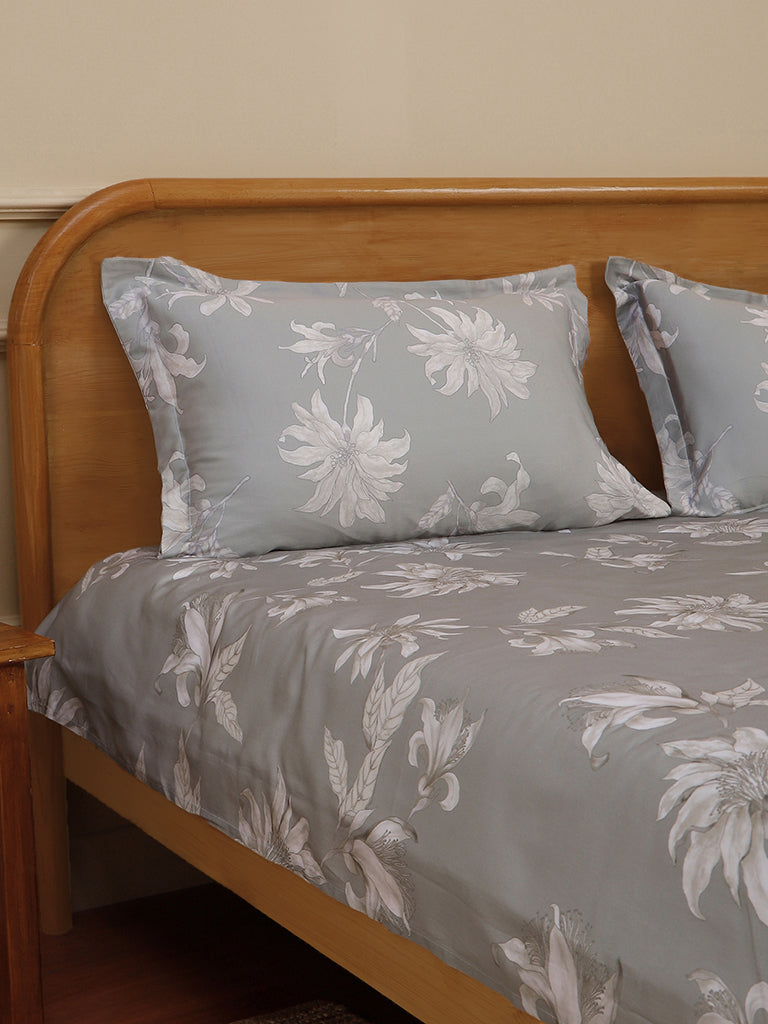 Westside Home Grey Tonal Flower Printed Double Bed Flat sheet and Pillowcase Set