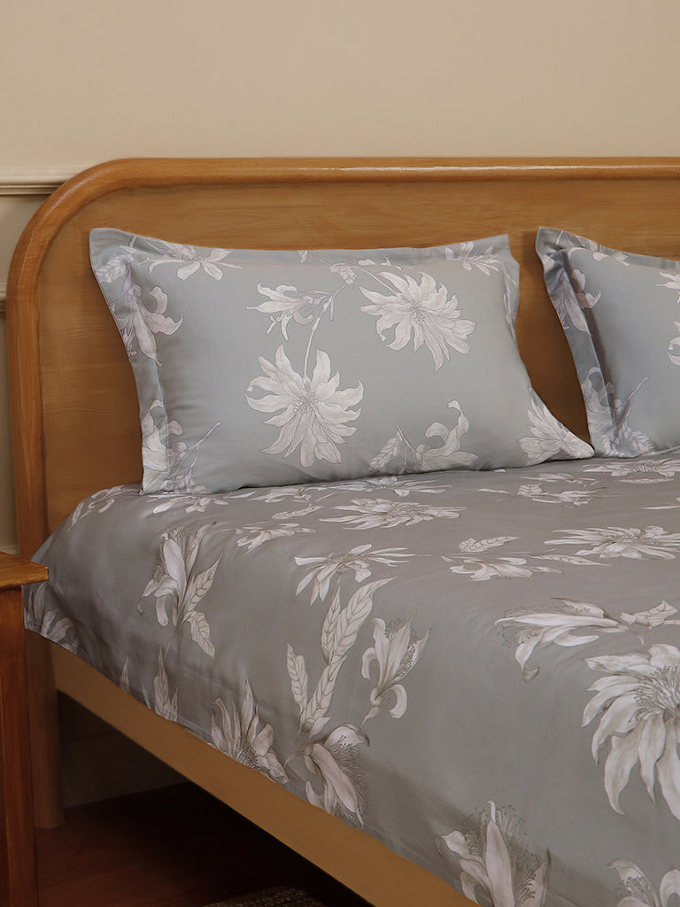 Westside Home Grey Tonal Flower Printed King Bed Flat sheet and Pillowcase Set