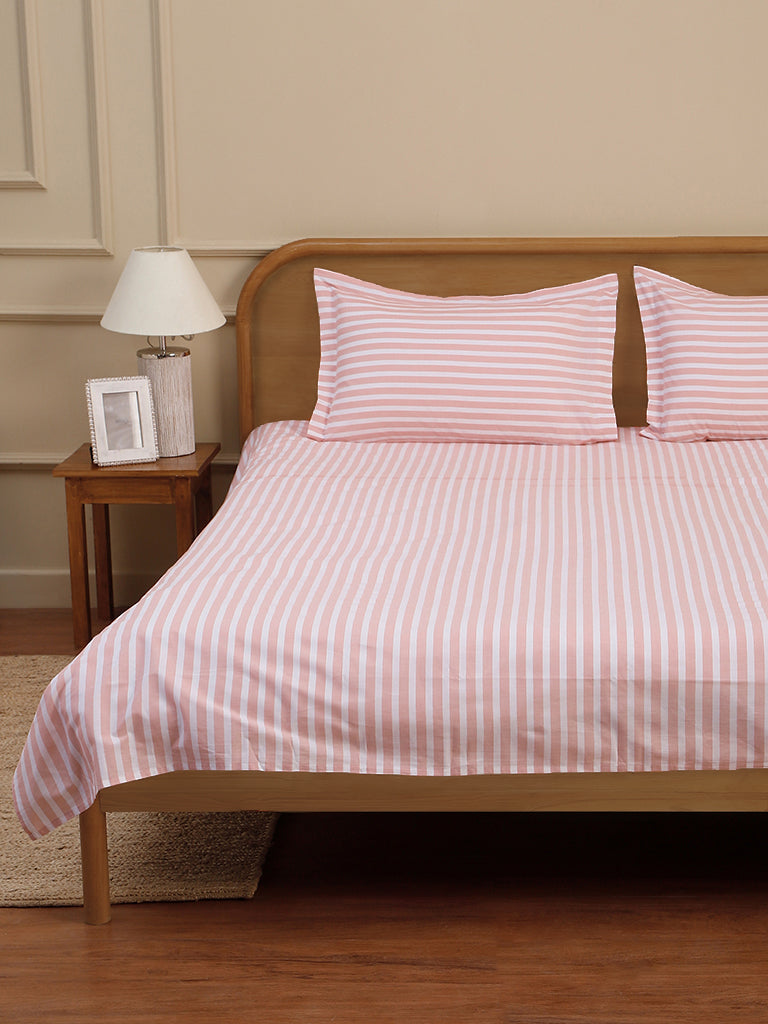 Westside Home Peach Stripe Printed King Bed Flat sheet and Pillowcase Set
