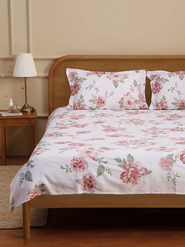Westside Home Dusty Rose Blushed Rose Printed Double Bed Flat sheet and Pillowcase Set
