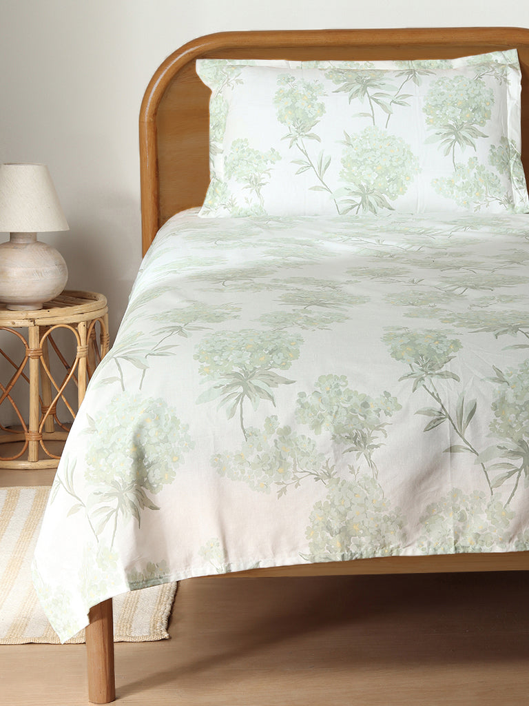 Westside Home Mint Hydrangea Printed Single Bed Flat sheet and Pillowcase Set