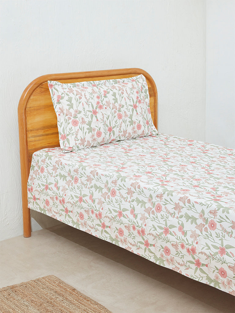 Westside Home Blush Pink Chintz Floral Print Single Bed Flat Sheet and Pillowcase Set