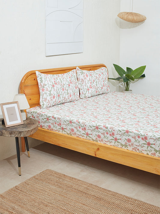 Westside Home Blush Pink Chintz Floral Print King Bed Flat Sheet and Pillowcase Set