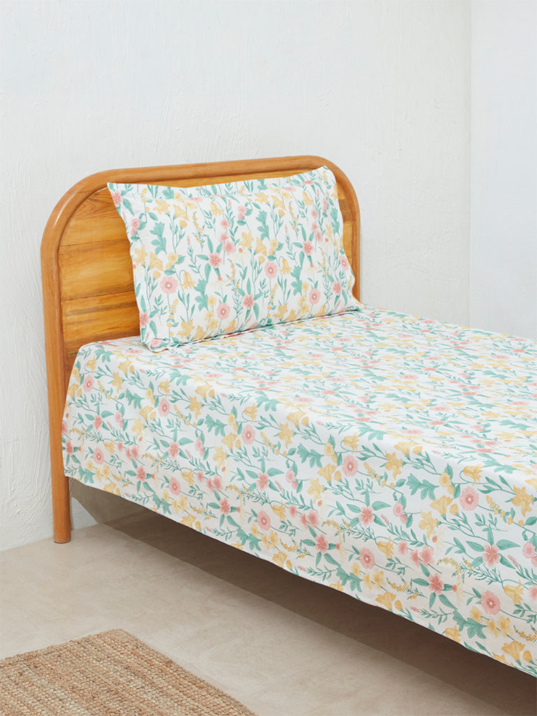 Westside Home Multicolor Floral Print Single Bed Flat Sheet and Pillowcase Set