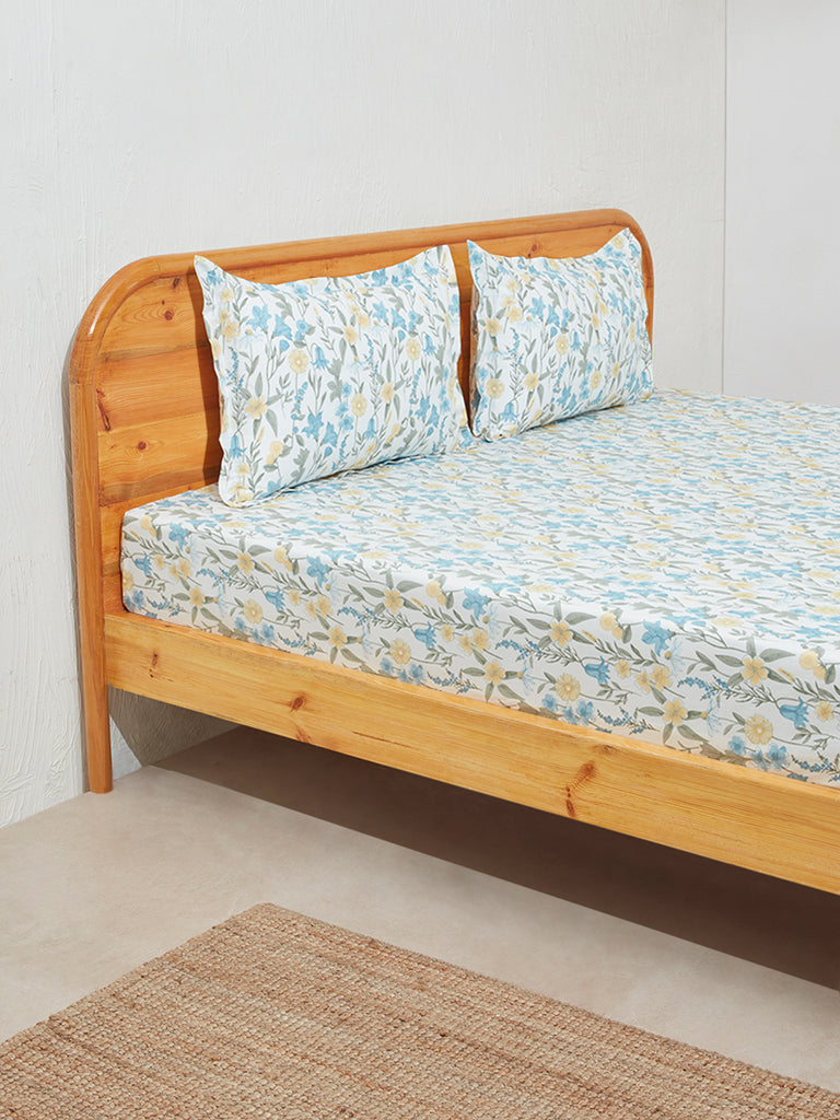 Westside Home Aqua Floral Print King Bed Flat Sheet and Pillowcase Set