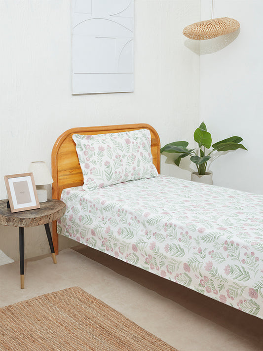 Westside Home Violet Floral Printed Single Bed Flat Sheet and Pillowcase Set