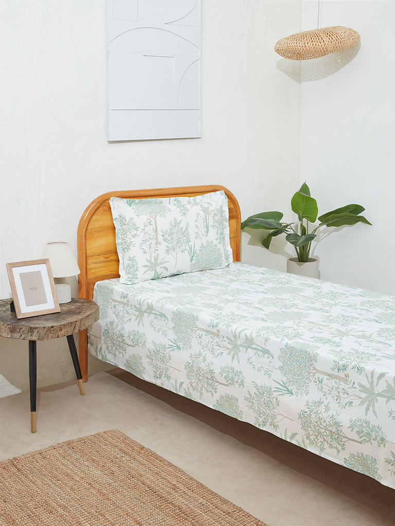 Westside Home Light Green Toile Design Single Bed Flat Sheet and Pillowcase Set