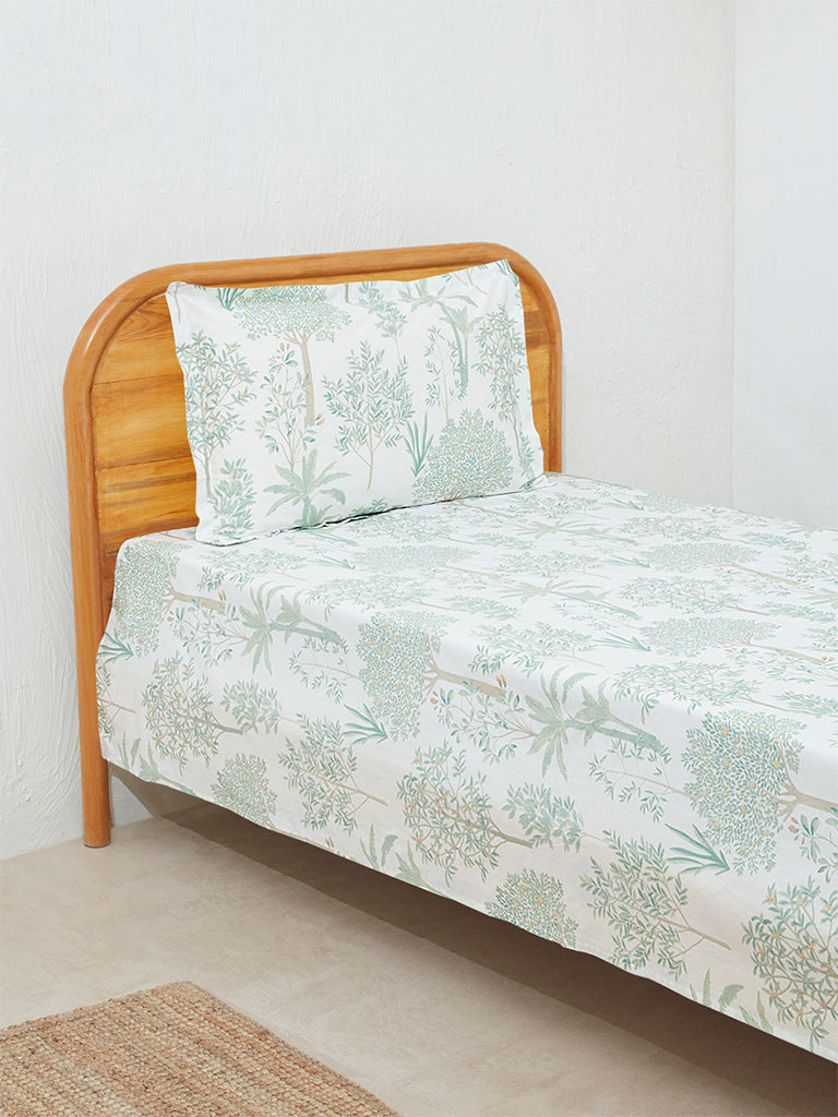 Westside Home Light Green Toile Design Single Bed Flat Sheet and Pillowcase Set