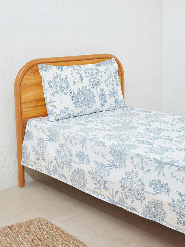 Westside Home Dusty Blue Toile Design Single Bed Flat Sheet and Pillowcase Set