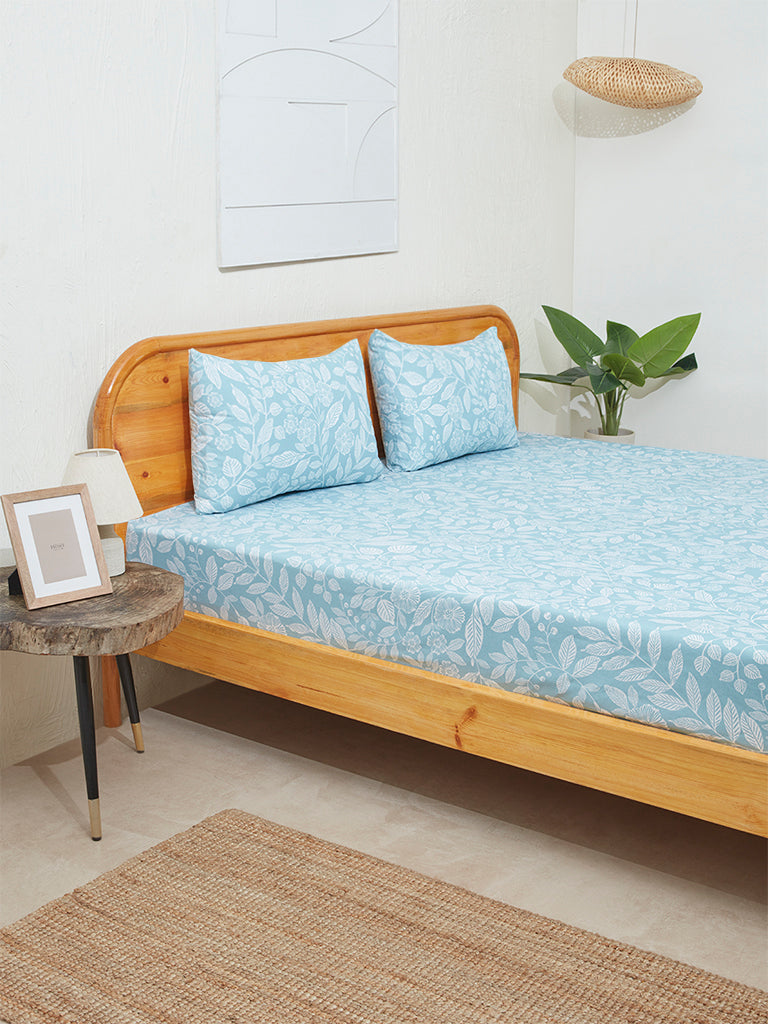 Westside Home Aqua Leaf Design King Bed Flat Sheet and Pillowcase Set