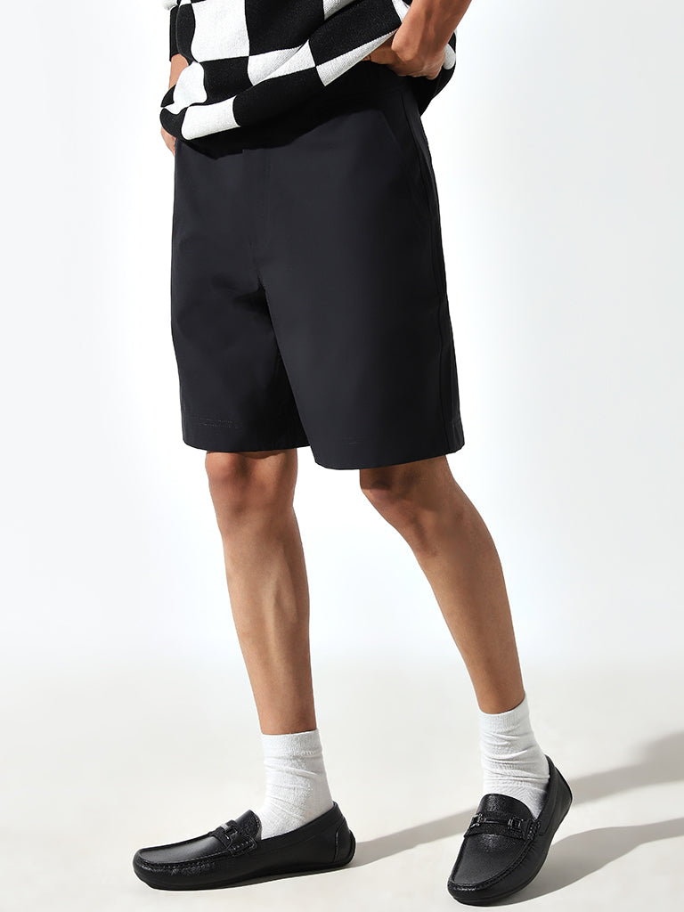 WES Casuals Black Plain Cotton Blend Relaxed Fit Shorts