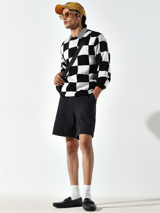 WES Casuals Black Plain Cotton Blend Relaxed Fit Shorts