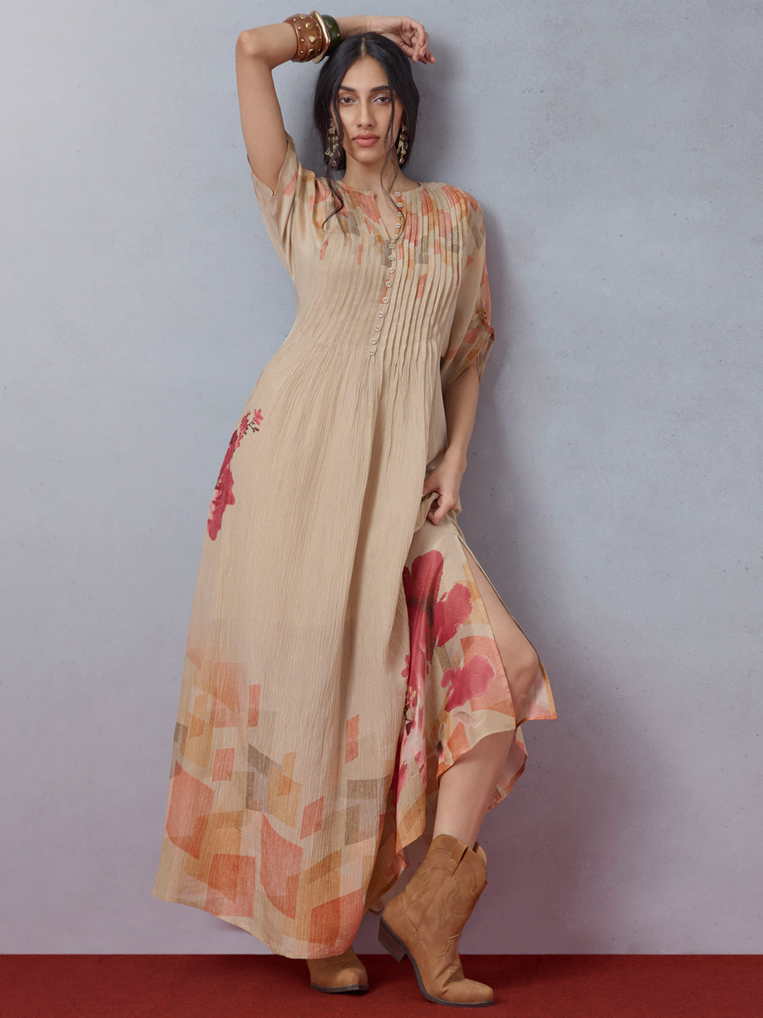Printed Kaftan with Inner - Beige