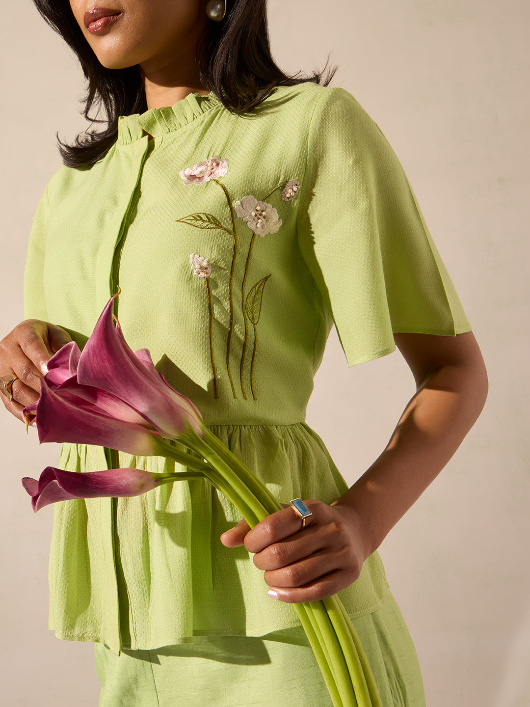 Samoh Floral Embroidered Top - Green