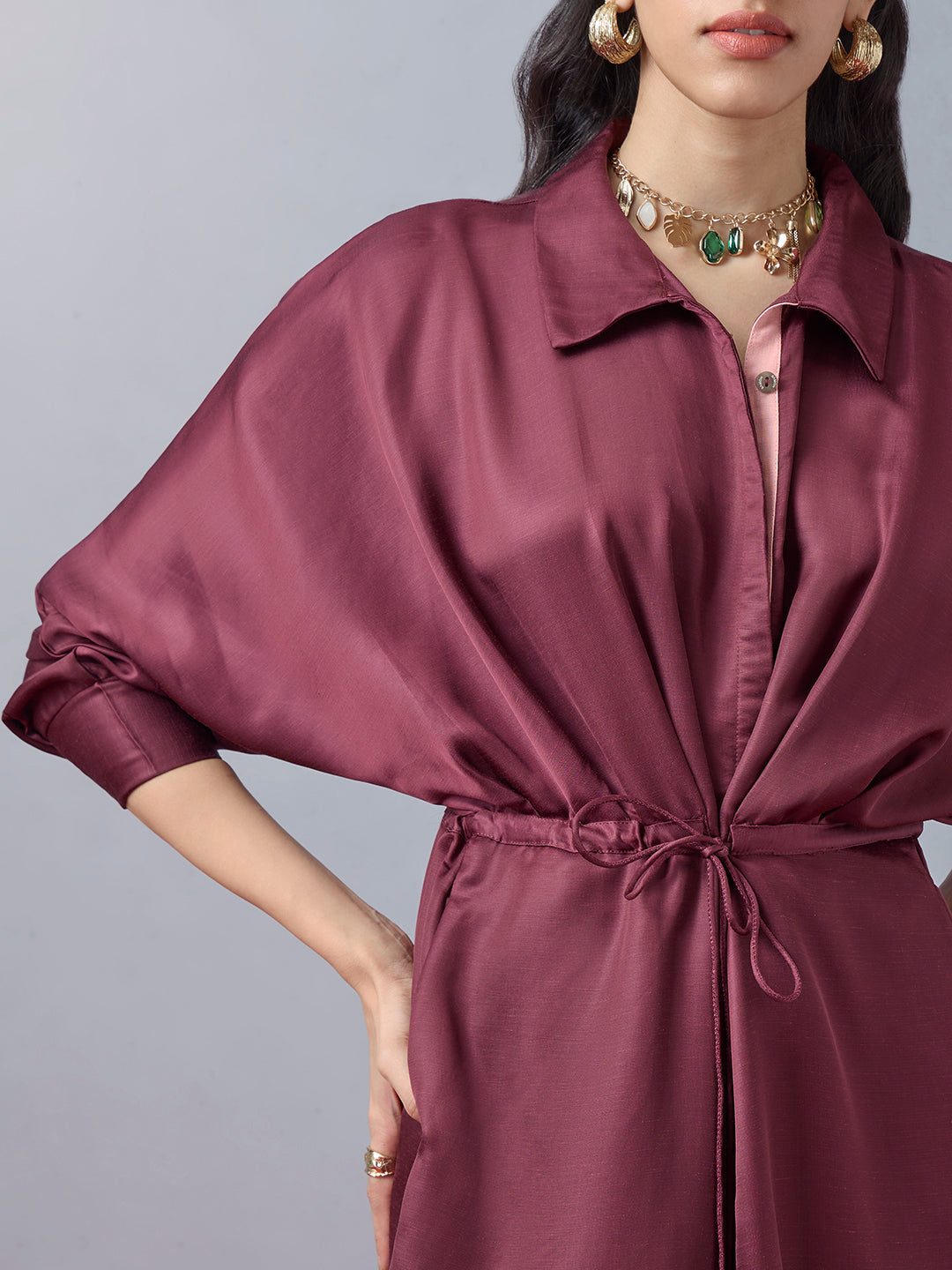 Satin Shirt Dress - Maroon