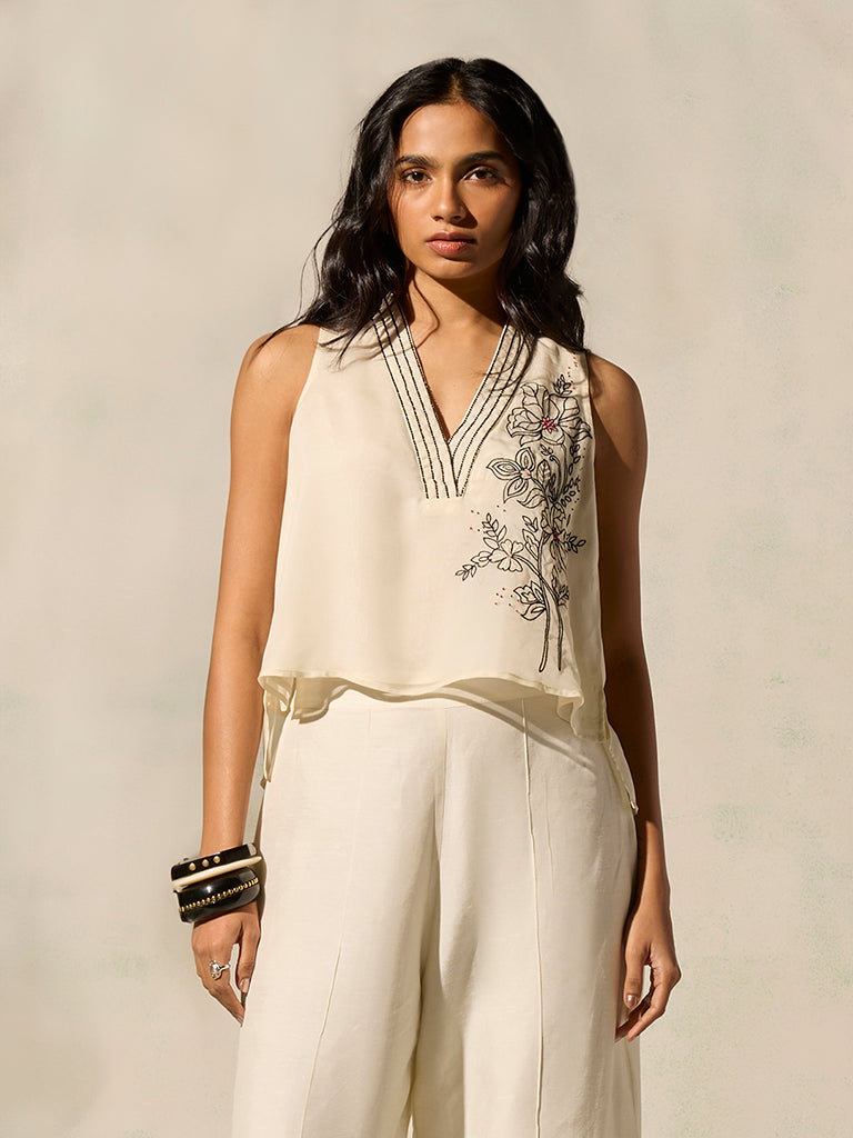 Floral Embroidered Top - Ivory