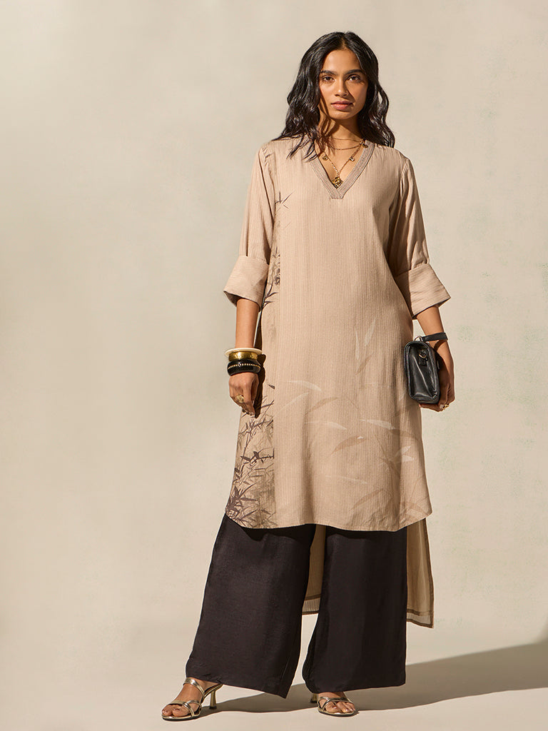Printed High-Low Kurta - Beige
