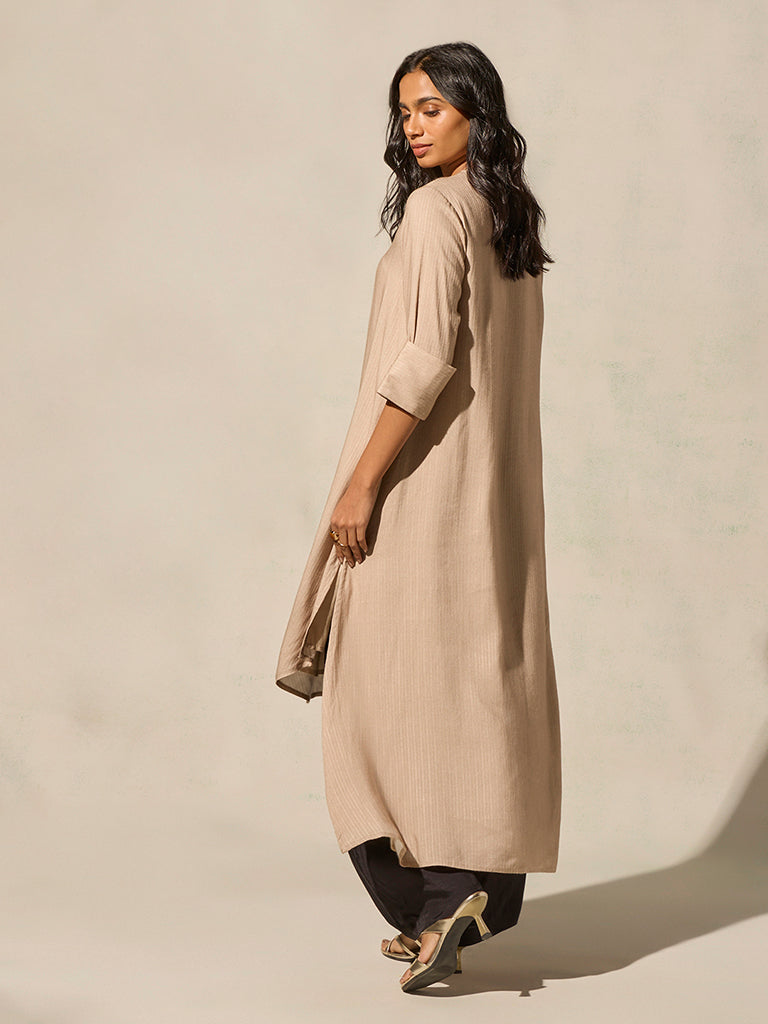 Printed High-Low Kurta - Beige