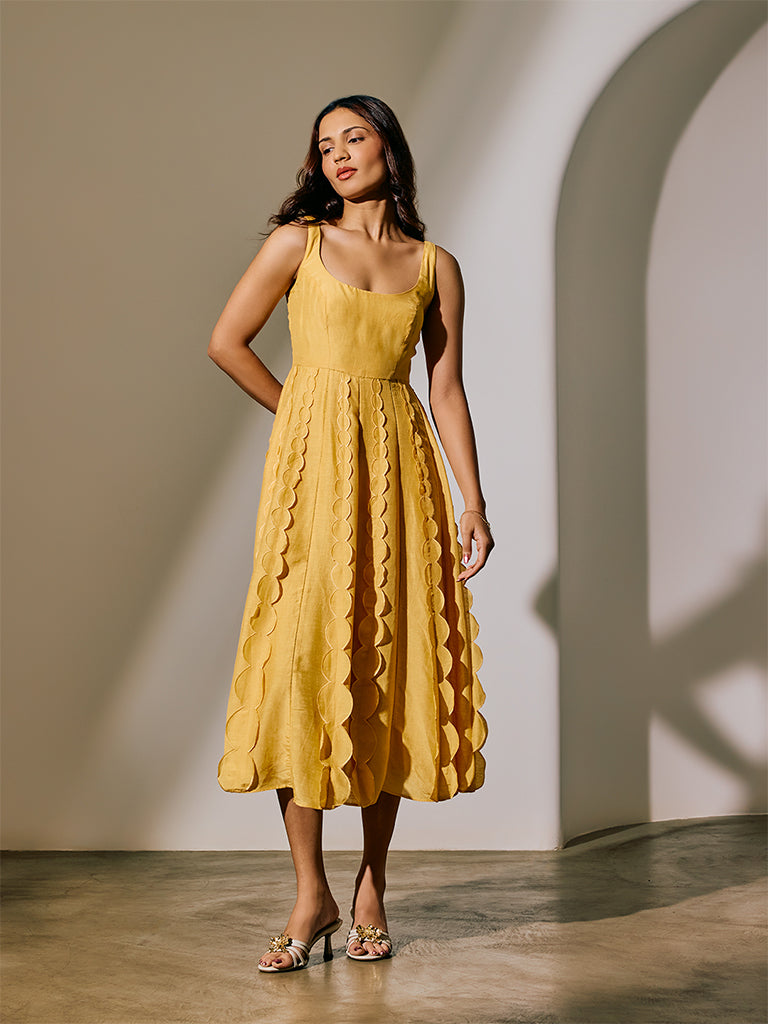 Scalloped Midi Dress - Yellow