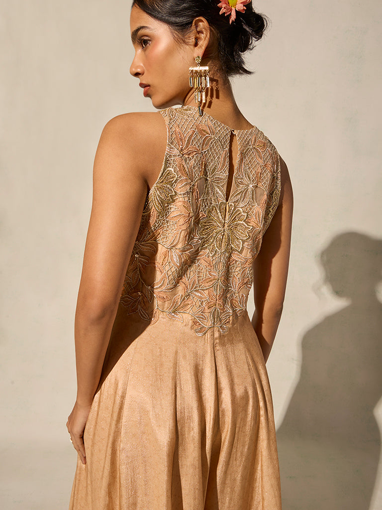 Floral Embroidered Jumpsuit - Peach