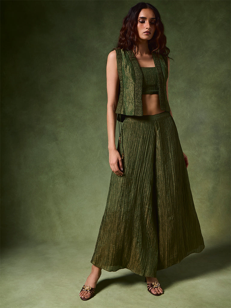 Textured Top, Pants and Camisole Set – Green