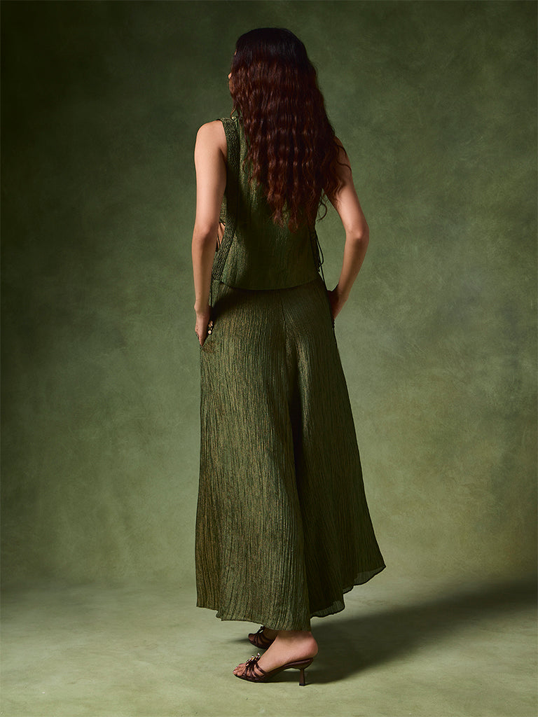 Textured Top, Pants and Camisole Set – Green