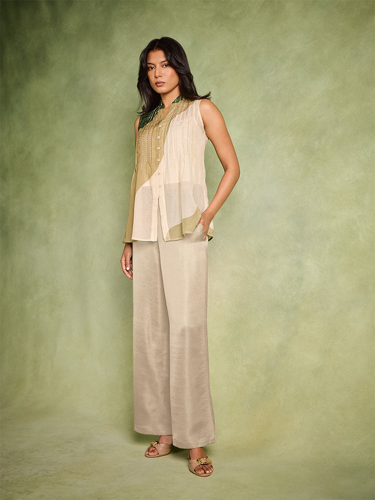 Pintuck Detail Top, Camisole and Pants Set – Green