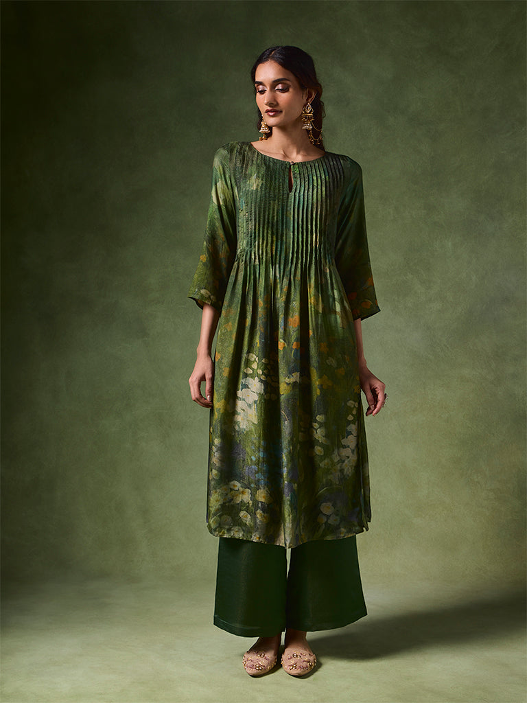Printed Pintuck A-Line Kurta – Green