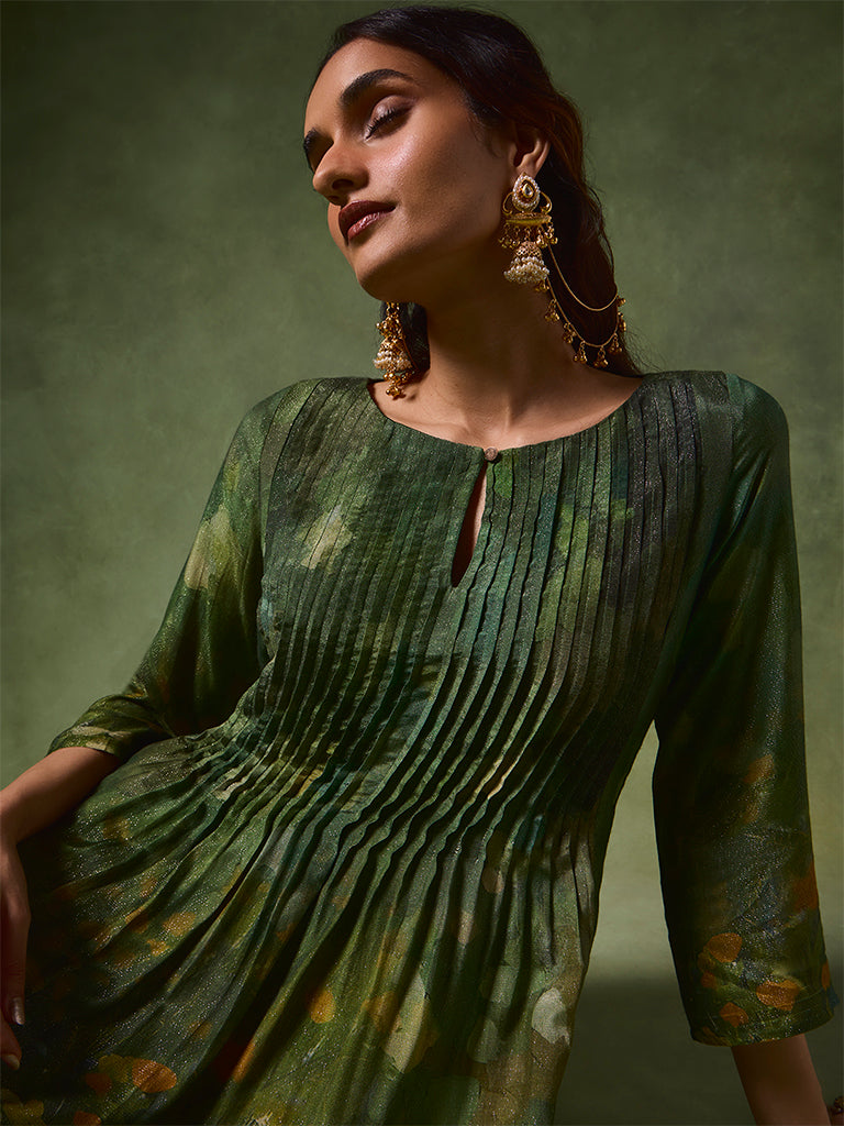 Printed Pintuck A-Line Kurta – Green