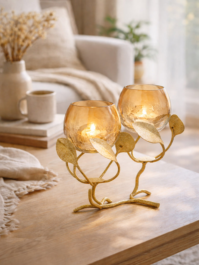 Westside Home Gold Double Leaf Design Tealight Holder
