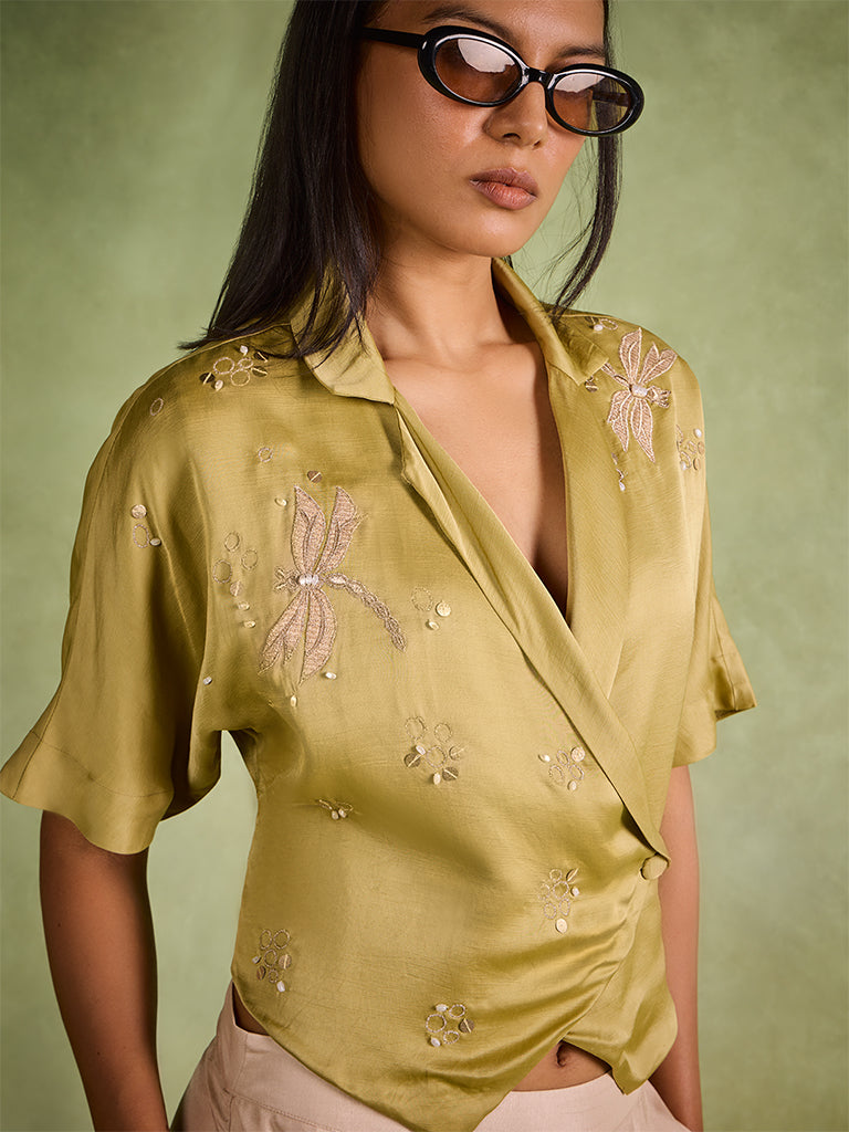 Embroidered Wrap Top – Olive