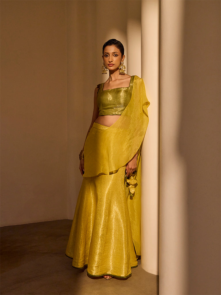 Yellow Brocade Fishtail Skirt with Pallu