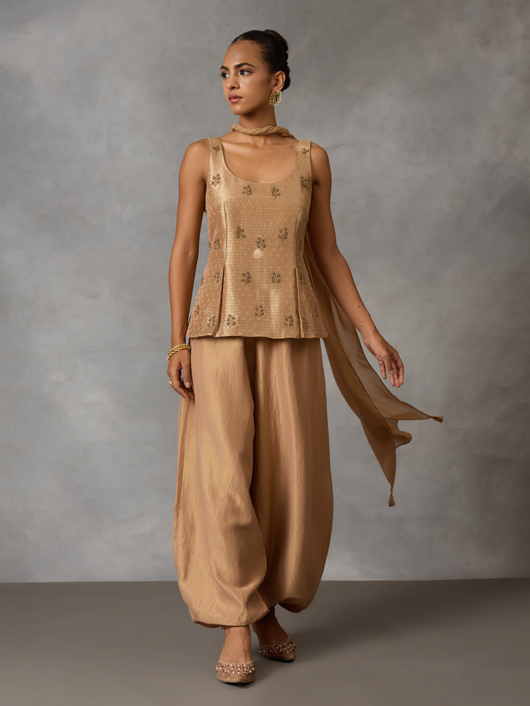 Embroidered Co-ord Set with Balloon Pants and Dupatta – Gold