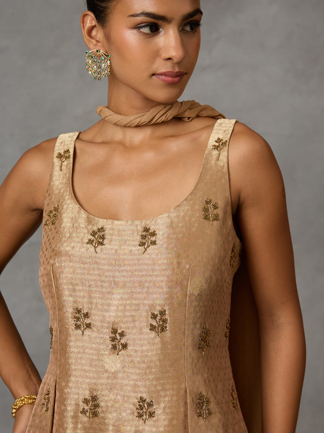 Embroidered Co-ord Set with Balloon Pants and Dupatta – Gold