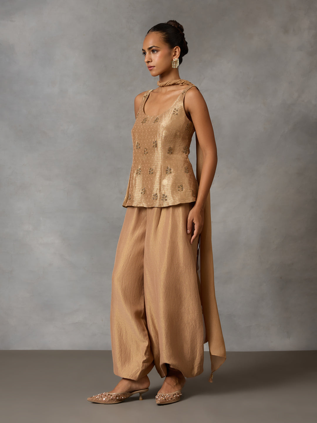 Embroidered Co-ord Set with Balloon Pants and Dupatta – Gold