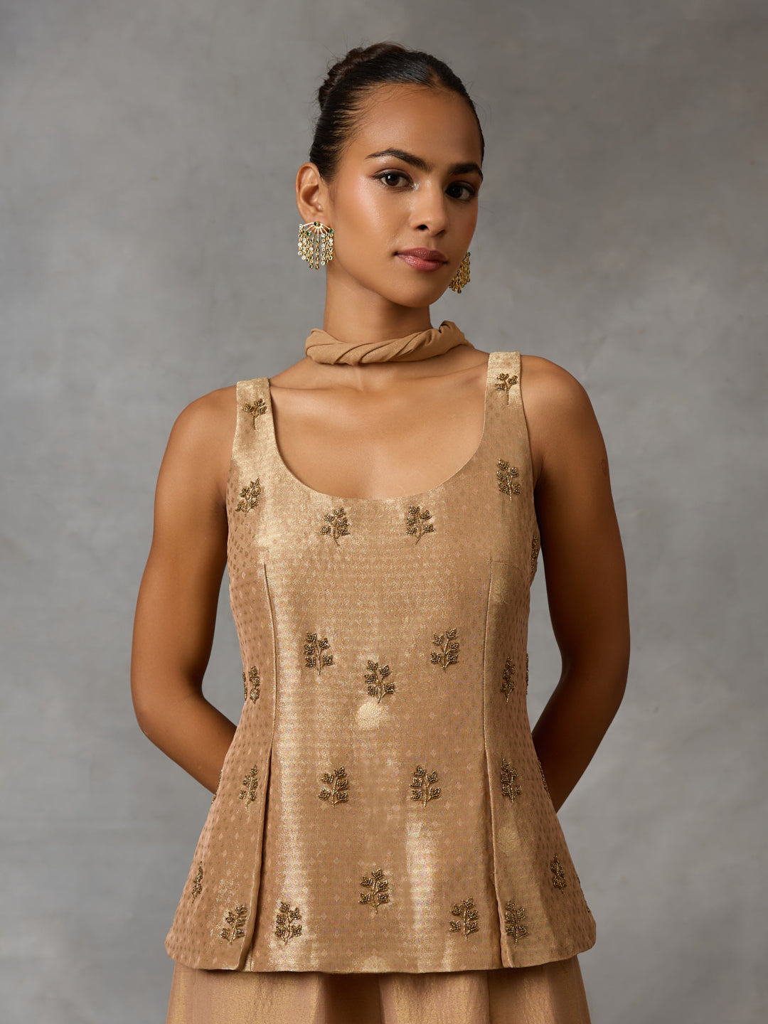 Embroidered Co-ord Set with Balloon Pants and Dupatta – Gold