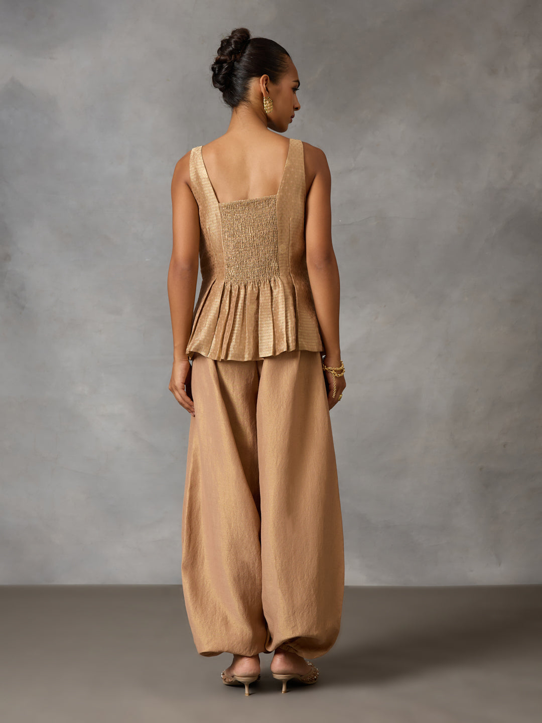 Embroidered Co-ord Set with Balloon Pants and Dupatta – Gold