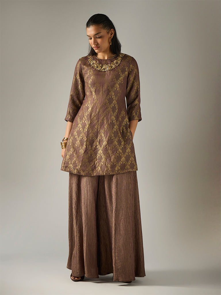 Jacquard High-Low Kurta – Brown