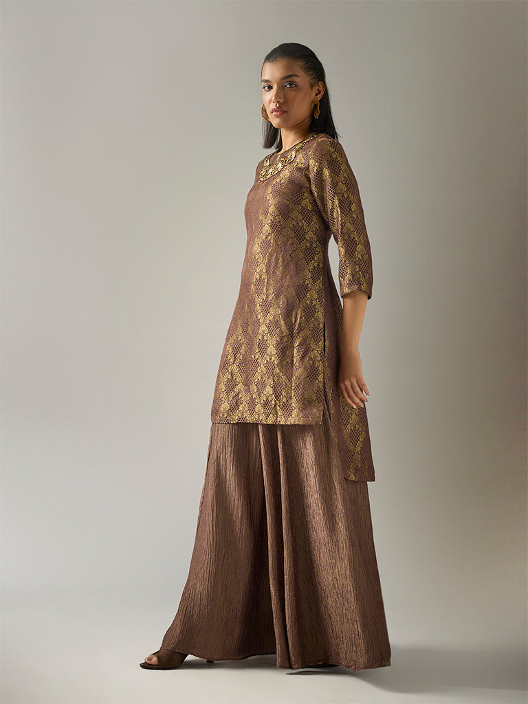Jacquard High-Low Kurta – Brown