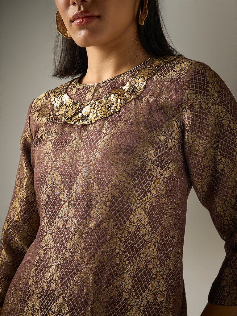 Jacquard High-Low Kurta – Brown