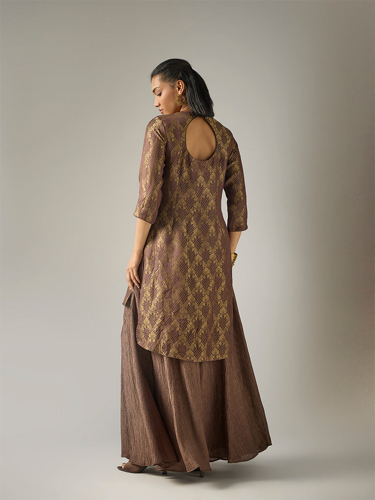 Jacquard High-Low Kurta – Brown