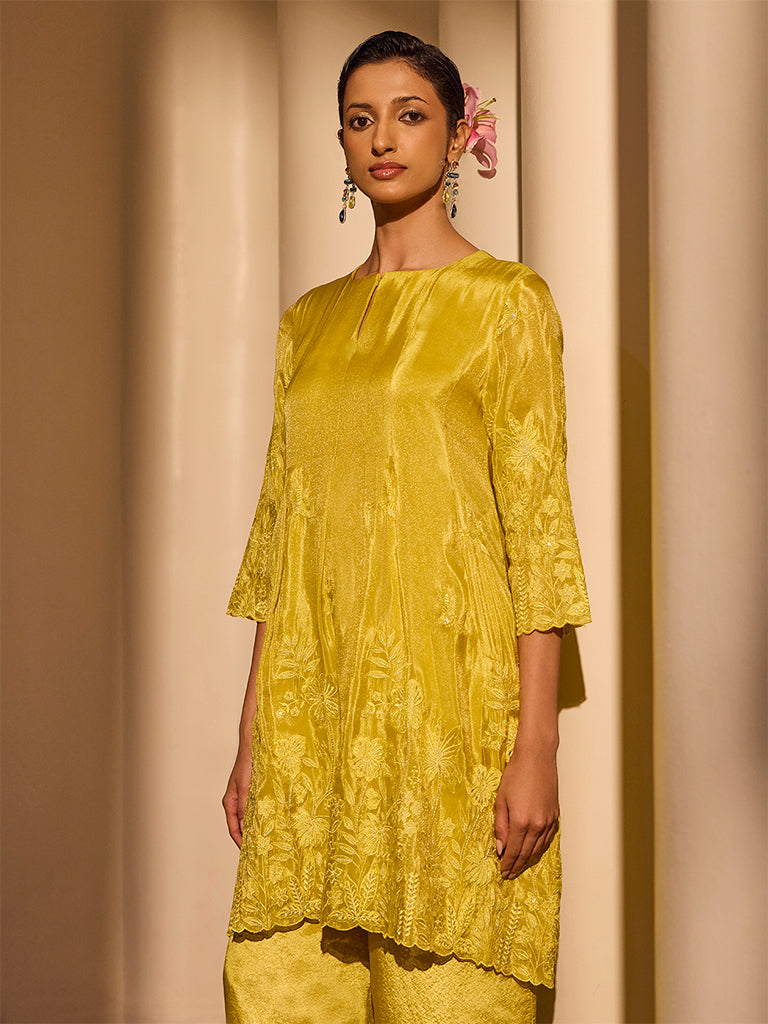 Floral Embroidered Kurta - Yellow