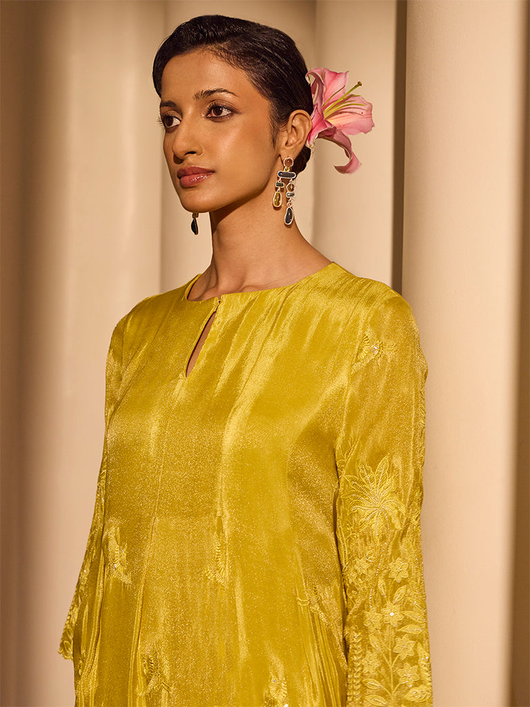 Floral Embroidered Kurta - Yellow