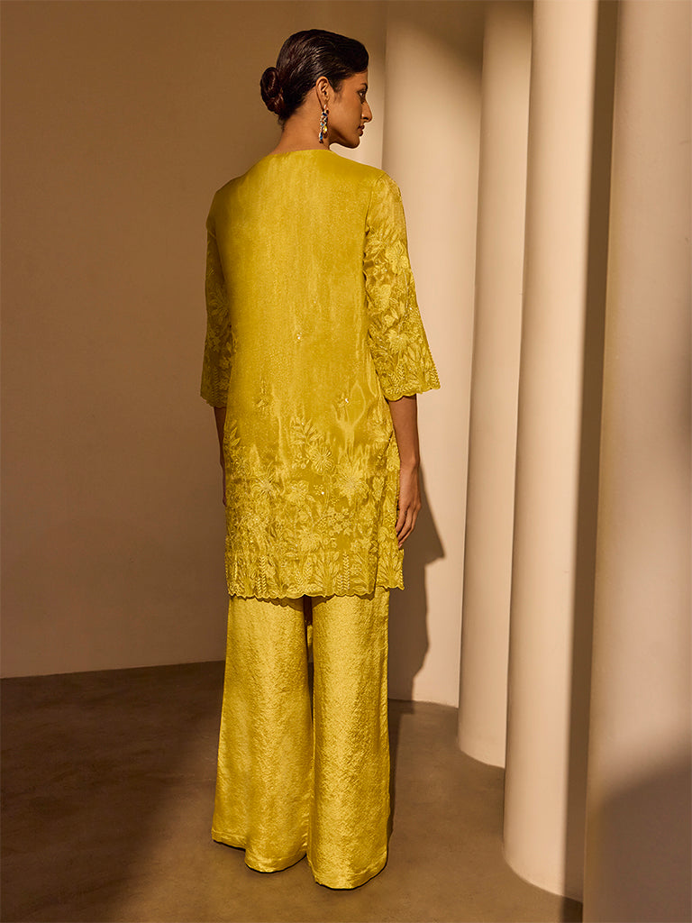 Floral Embroidered Kurta - Yellow