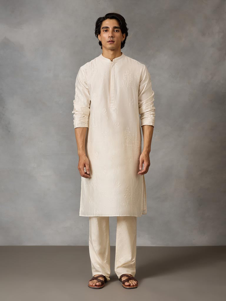 Self-Embroidered Kurta Set  - Off White