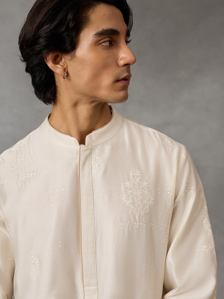 Self-Embroidered Kurta Set  - Off White